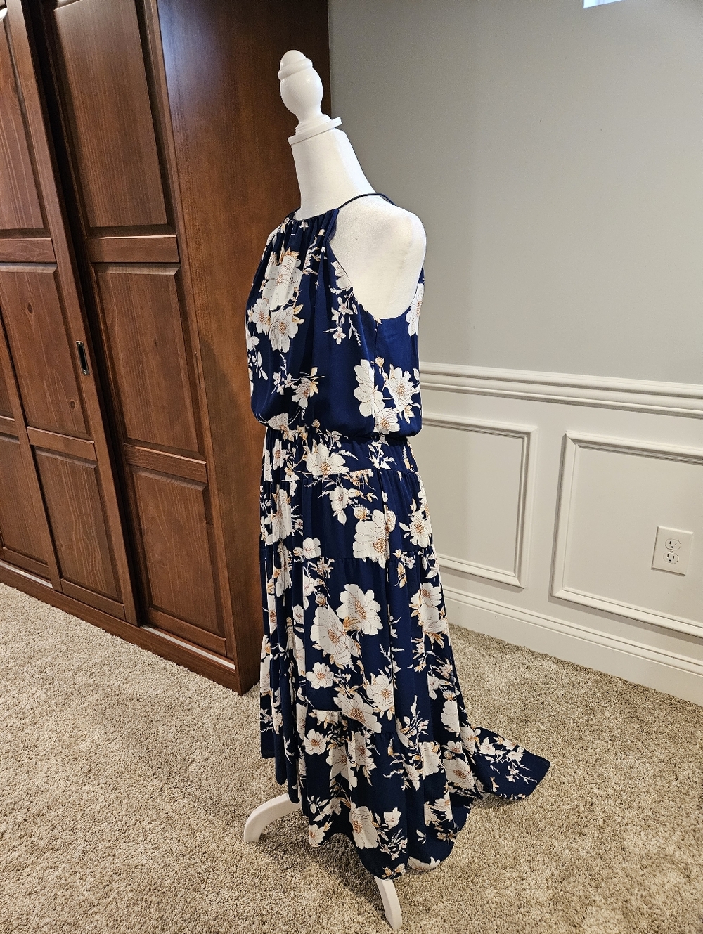 AQUA Navy Floral Halter Maxi Dress - Elegant Women's Summer Dress